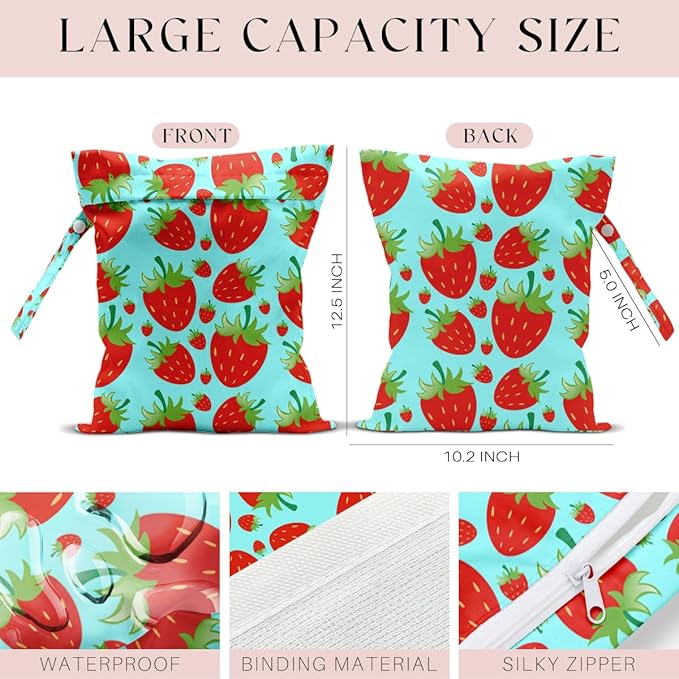 Wet Bag, Wet Dry Bag, Waterproof Swim Bags, Machine Washable Reusable Bags for Beach, Pool, Diapers, and Dirty Yoga Gym Clothes(Blue & Red Strawberry Print