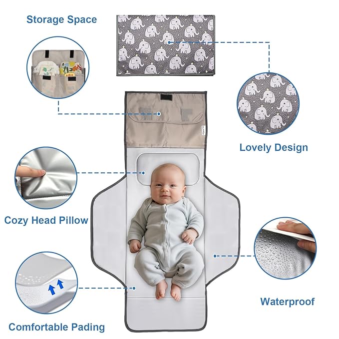 31" X 24.2" Extra Long Large Lightweight Toddler Diaper Changing Pad Travel, Cute Design 1-36 Month Infant Foldable Baby Changing Mat Wipeable, Changing Pad Portable for Station, Car, Stroller
