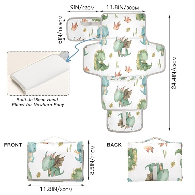 Kigai Cute Dragon Portable Diaper Changing Pad Travel Changing Pad for Baby Waterproof & Foldable Diaper Mat for Baby Shower, Newborn Girls and Boys
