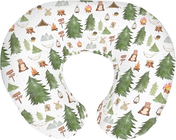Camping Animals Baby Nursing Pillow Covers for Boy Girl Bear Bunny Hedgehog Green Trees Nursery Pillowcase for Breastfeeding Pillows Wildlife Adventure Soft Stretchy Slipcovers for Newborn Infant