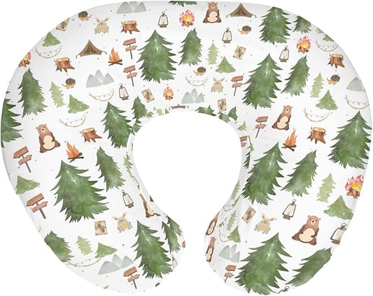 Camping Animals Baby Nursing Pillow Covers for Boy Girl Bear Bunny Hedgehog Green Trees Nursery Pillowcase for Breastfeeding Pillows Wildlife Adventure Soft Stretchy Slipcovers for Newborn Infant