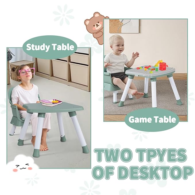 Kinder King 8 in 1 Baby High Chair, Coverts to Dining Booster Seat/Kids Table & Chair Set/Toddler Building Block Table/Kids Stool, Removable Tray & Double Seat Cover, Easy to Wipe, Green & White