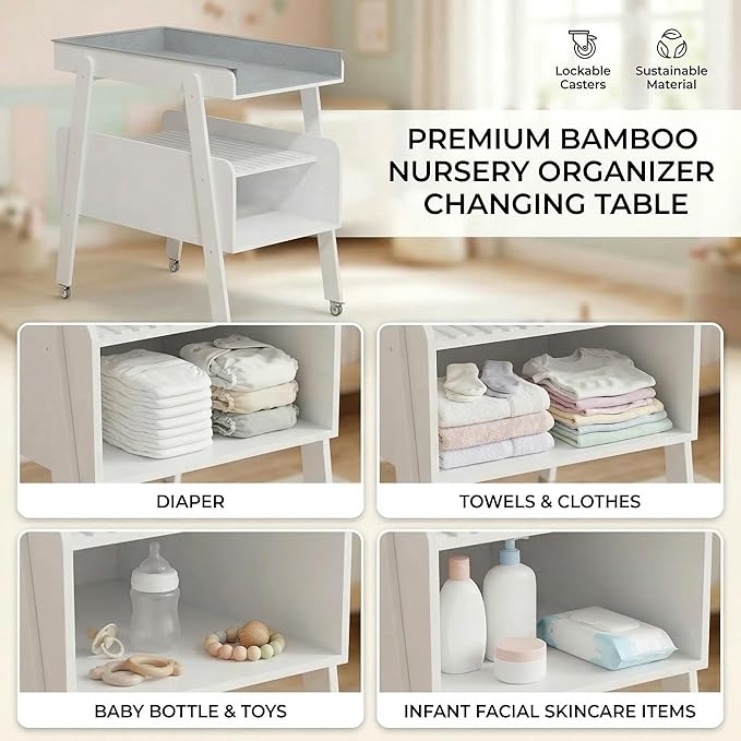 Diaper Changing Station Baby Flat Top Changing Table with Wheels and Changing Pad Nursery Organizer & Storage Rack Mobile Nursery Diaper Changing Table for Baby, Newborn (White)
