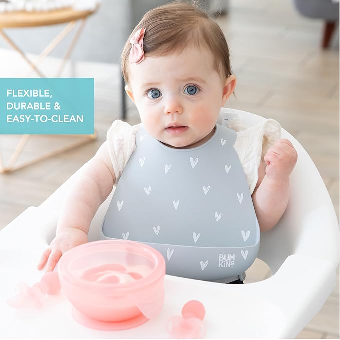 Bumkins Bibs, Silicone Pocket for Babies, Baby Bib for Girl or Boy, for 6-24 Months Up to Toddler, Essential Must Have for Eating, Feeding, Baby Led Weaning Supplies, Mess Saving, Gray Hearts