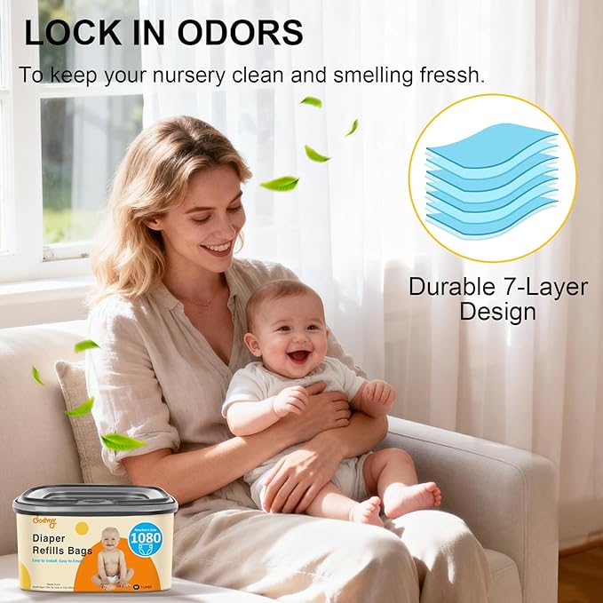 Jumbo Square Diaper Bags Refill Compatible with Diaper Genie Classic/Compact/Select Pails, Holds up to 1080 Newborn-Sized Diapers, Odor Control & Durable Disposal Refill, Plant Scented, Pack of 2