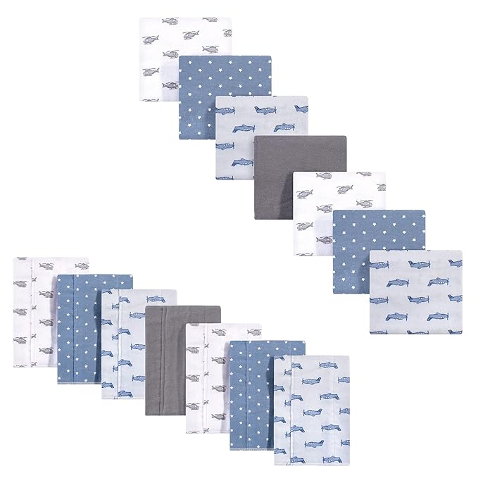 Hudson Baby Unisex Baby Cotton Flannel Burp Cloths and Receiving Blankets, 14-Piece, Airplanes Helicopters, One Size