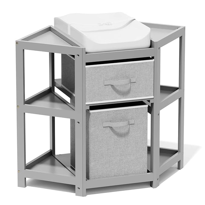 Glaf Corner Changing Table, Baby Diaper Changing Station with Storage Drawer Laundry Hamper Multifunctional Portable Diaper Station with Changing Pad for Newborn Infant (Grey)