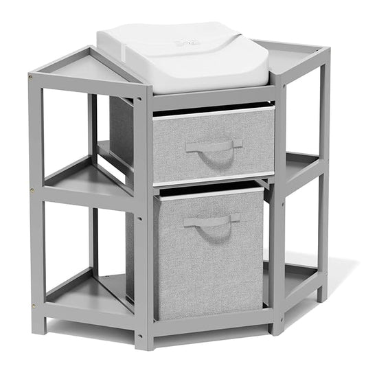 Glaf Corner Changing Table, Baby Diaper Changing Station with Storage Drawer Laundry Hamper Multifunctional Portable Diaper Station with Changing Pad for Newborn Infant (Grey)