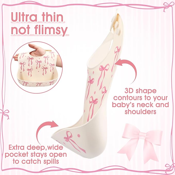Remerry Silicone Bib for Baby Girls, Pink Waterproof Feeding Bib with Pocket Adjustable Fit for Babies and Toddlers Drooling