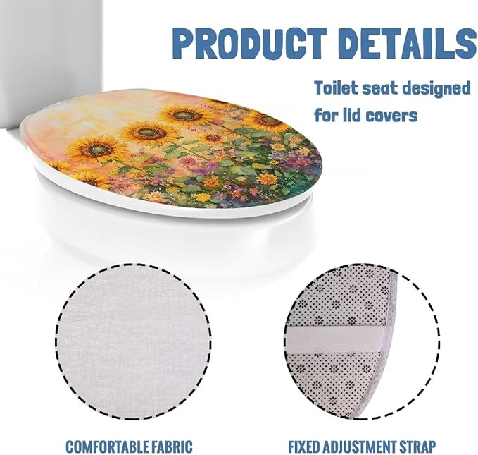 Sunflower Painting Toilet Lid Cover Flannel Fabric Toilet Cover Elastic Edges Seat Covers Soft and Breathable Toilet Lid Covers for Bathroom Fits Most Toilet Lids Yellow