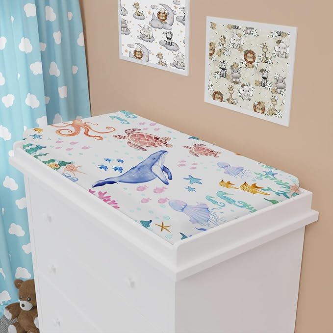 Colorful Nautical Life Changing Pad Cover Ocean Animals Corals Sea Weeds Baby Change Table Pad Cover for Boys Girls Soft Stretchy Fitted Diaper Changing Mat Sheets 32''x16''