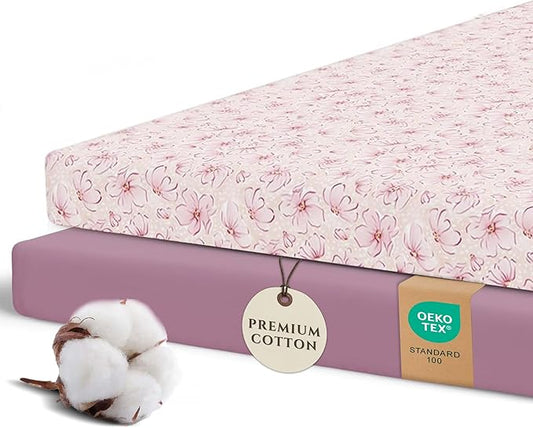 Pobibaby – 2 Pack Pack N Play Sheets and Mini Crib Sheets Fitted, Premium Ultra-Soft Jersey Knit Baby Sheets – Stylish Floral Pattern, Safe and Snug for Standard Playards and Mini Cribs (Blossom)