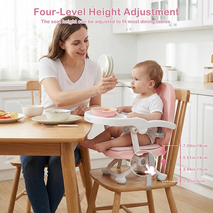 Baby Booster Seat for Dining Table with Removable Tray & Cushion, 3in1 Portable Toddler Booster Seat, 4 Height Adjustable Travel High Chair for Babies and Toddlers