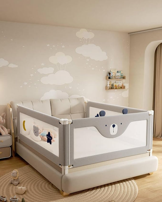 3 Piece Bed Rails for King Size Bed, No-Drill Needed Baby Bed Rail Guard for Toddlers with Height Adjustable, Thickened Child Safety Side Railing Guards/Bedrail for Kids, Grey Bear, 74.8x78.7x78.7in