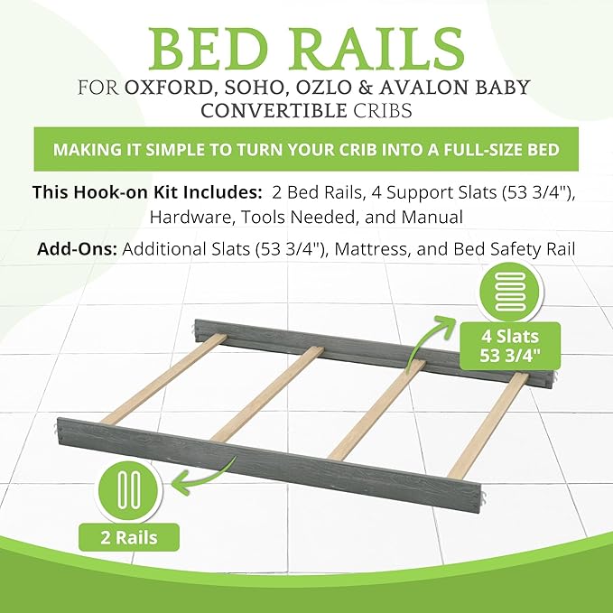 Full-Size Conversion Kit Bed Rails for Oxford, Soho, Ozlo & Avalon Baby Convertible Cribs - Solid Wood - Toddler & Adult Rail for Full-Size Bed - Nursery & Baby Furniture (Brushed Grey, Hook-On Kit)