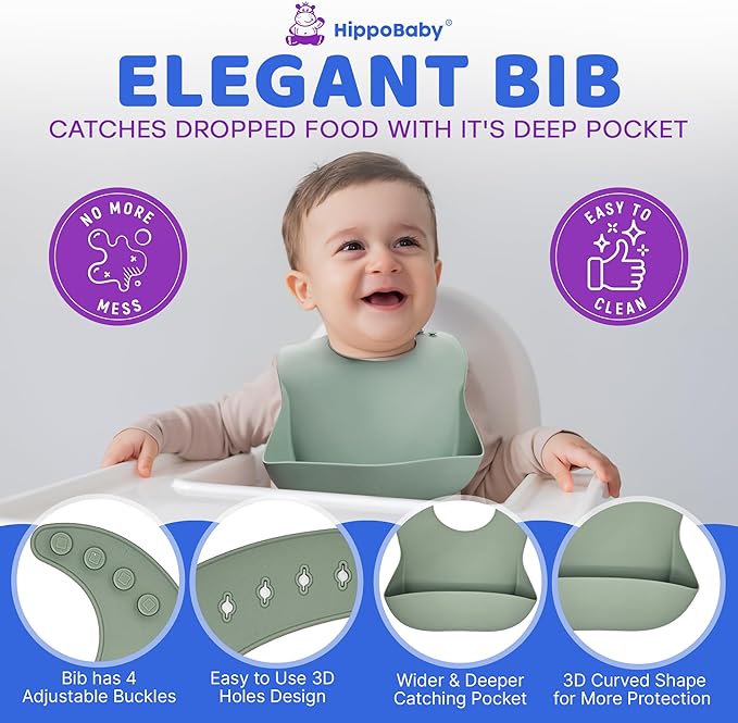 HippoBaby Baby Led Weaning Supplies | 10 Piece Silicone Baby Feeding Set, Baby Toddler Bib Cup Divided Plate and Bowl Self Feeding Spoons Dish Set,Baby Utensils | Toddler Feeding Supplies