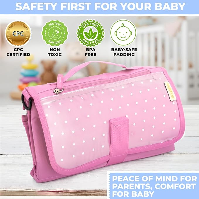 Portable Diaper Changing Mat, Fits Most Changing Tables, One-Hand Hook-and-Loop Fasteners, Front Touchscreen-Friendly Pocket, Pink
