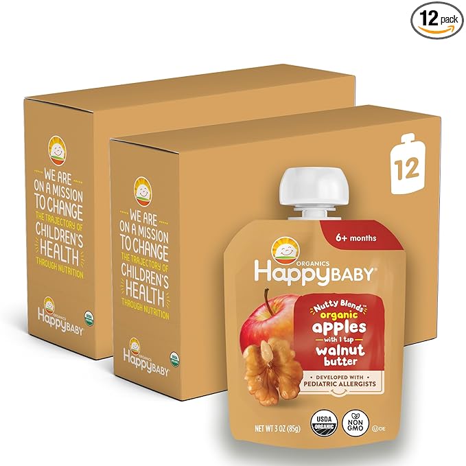 Happy Baby Organics Stage 2 Baby Food Pouches, Gluten Free, Vegan Snack, Nutty Blends, Apple & Walnut Butter, 3 Ounce (Pack of 12)