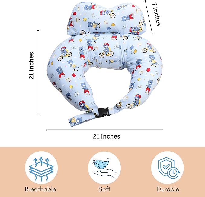 RELY+ Wheelybear Sky Blue Adjustable Nursing Pillow Detachable 100% Cotton Cover | Perfect Support with Plush Polyester Fill | Comfortable for Moms & Babies
