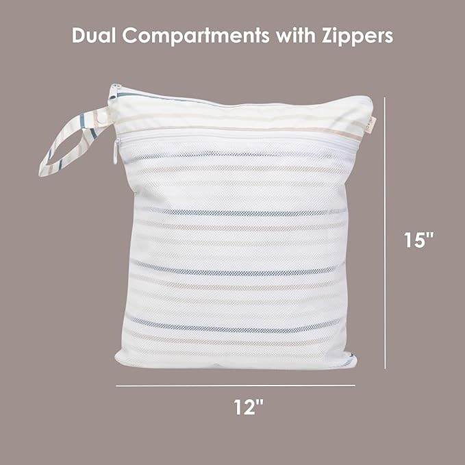 Ali+Oli Water Resistant Dual-Compartment Wet-Dry Bag for Travel, Hook to Stroller, Daycare, Diapers, Diaper Bag, Clutch Bag,15x12 inches (Pin Stripes)