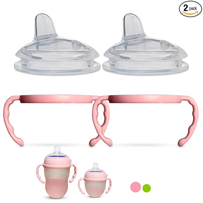 Sippy Spout Nipples with Bottle Handles for Comotomo Baby Bottles 2-Pack, Soft Food Grade Silicone Spout, Transition Nipples, Converts Baby Bottle to Sippy Cup, Spill Proof, BPA-Free, 4+ months (Pink)