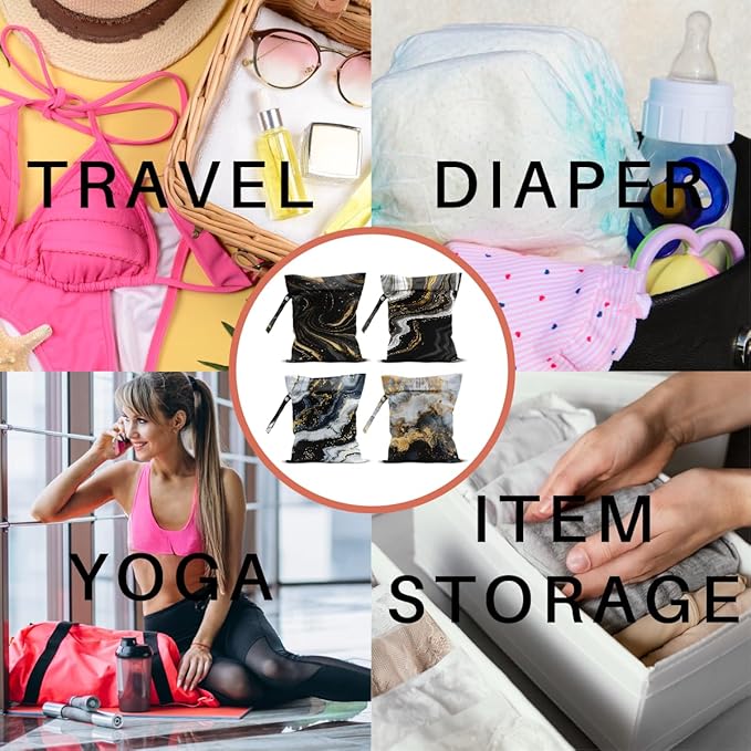 4 Pack Gold Black Marble Wet Bag Waterproof Washable Reusable Wet Dry Bag for Swimsuit Clothes Cloth Diaper Travel Beach Pool Gym Toiletries Gift for Women Mom Friend Birthday Christmas Housewarming