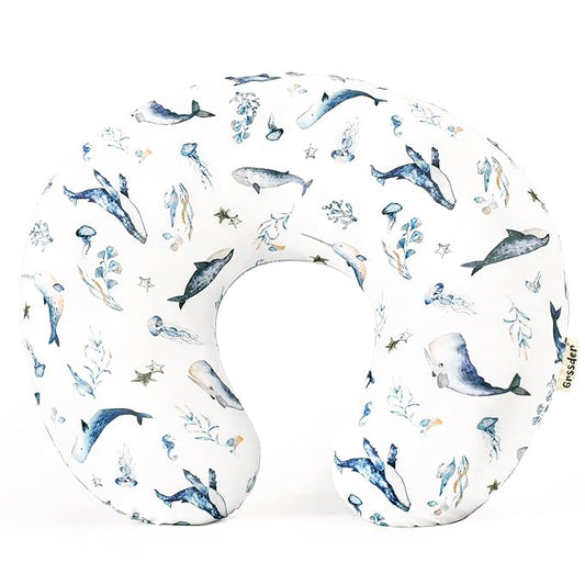 GRSSDER Reversible Nursing Pillow Cover, Ultra Soft Stretchy Minky Removable Nursing Covers Fitted for Breastfeeding Pillows Snug and Safe, Sea Fish
