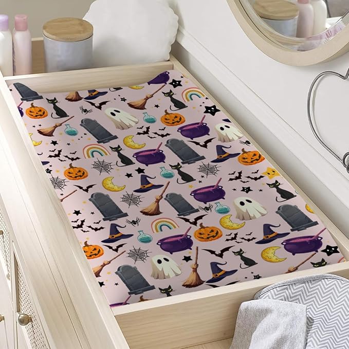 Halloween Boho Changing Pad Cover Spooky Witch Pumpkin Cat Bat Rainbow Baby Changing Pad Table Sheets for Boy Girl Halloween Moon Night Soft Stretchy Fitted Diaper Changing Table Mats 32''x16''