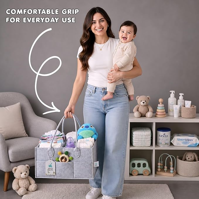 Hamid Baby Diaper Caddy Organizer – Includes Infant Face Cleaning Towel – Grey Large Portable Nursery Storage Basket with 3 Compartments, 8 Pockets, Removable Dividers – Car, Travel Diaper Bag
