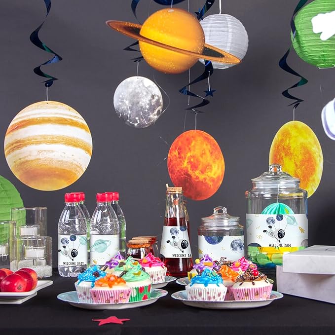 28Pcs Outer Space Baby Shower Water Bottle Labels, Solar System Welcome Baby Water Bottle Wrappers for Gender Reveal Decor - Personalized Astronaut Label Supplies