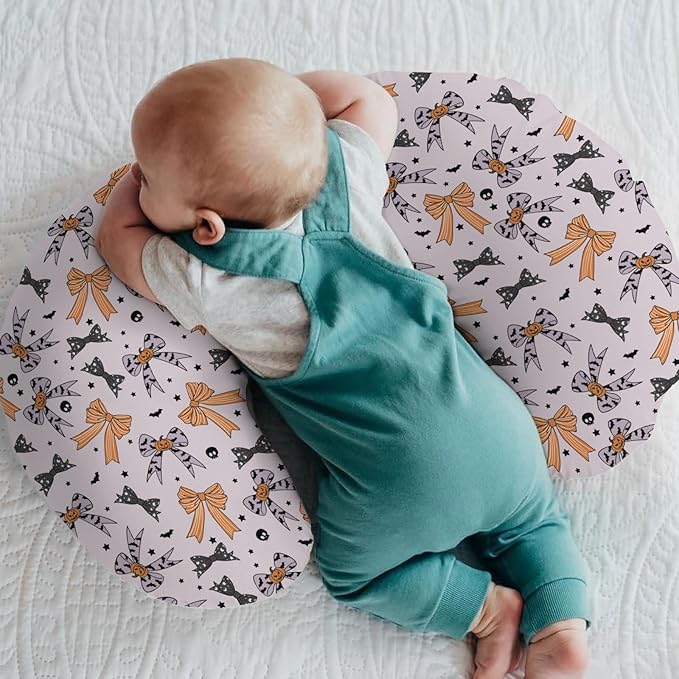 Halloween Bows Baby Nursing Pillow Covers for Boy Girl Spooky Bows Bats Pumpkins Skulls Nursing Slipcovers for Breastfeeding Pillows Orange Purple Ribbons Soft Stretchy Removable Covers for Infant