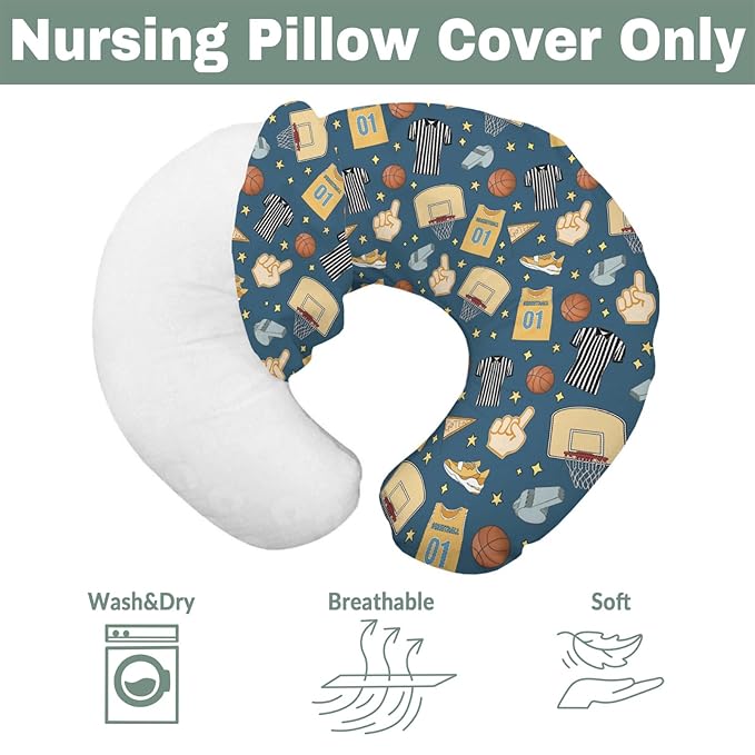Basketballs Baby Nursing Pillow Covers for Boy Girl Basketballs Fan Stars Suits Nursery Pillowcase for Breastfeeding Pillows Outdoor Sports Lovers Gift Soft Stretchy Slipcover for Newborn Infant