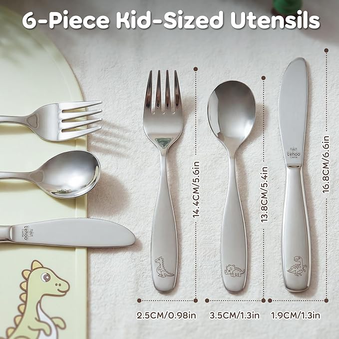 Lehoo Castle Kids Silverware Stainless Steel 6-Piece - Toddler Spoons and Forks Knife Set, Toddler Utensils for 3 Year Old, Child-Safe Flatware for Self Feeding (Dinosaur)