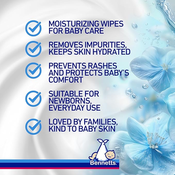 Bennetts Baby Wipes – 80 Wipes (6-Pack) – Purified Water Wipes for Newborns & Infants – Extra-Gentle Cleansing for Face, Hands & Nappy Area