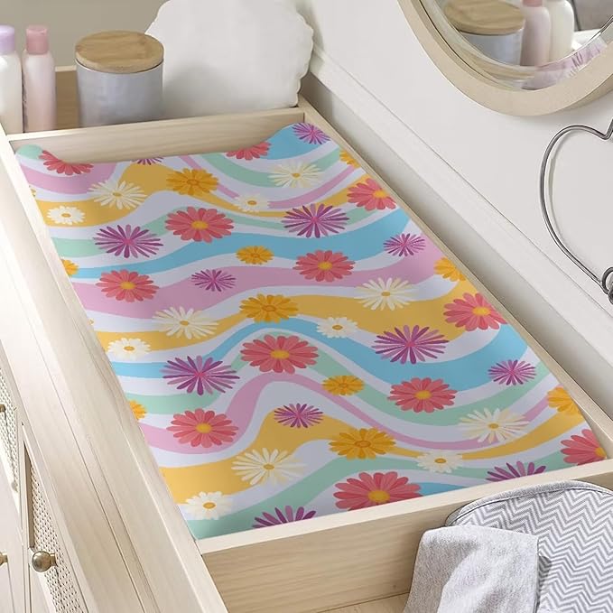 Colorful Daisy Changing Table Cover Waterproof Changing Pad Cover for Baby Breathable Stretchy Universal Tray Table Mat Fit 32"x16" Contoured Pad