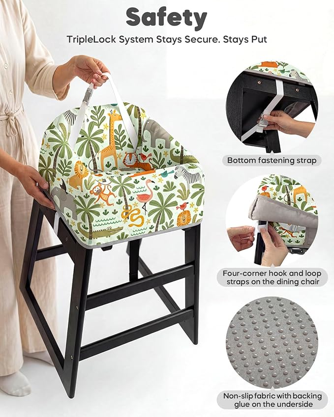 Mamatepe Baby High Chair Cover Restaurant with Strap Pads & 2-Point Harness - Machine Washable, Waterproof, Portable for Restaurant/Travel/Home - Fits Wooden High Chairs, Green Forest
