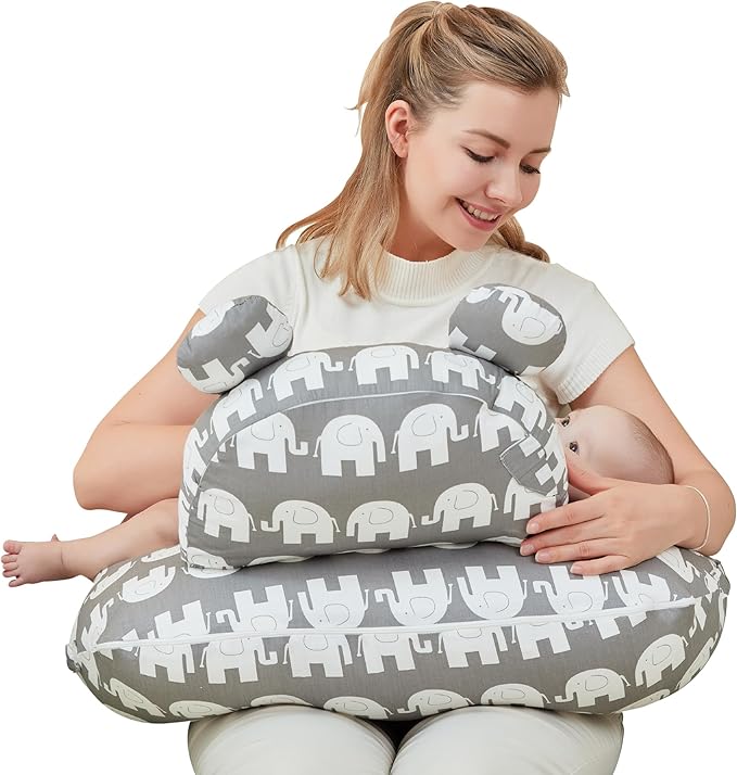 lasoftan Nursing Pillow for Breastfeeding, Breast Feeding Pillow for Mom Support, Adjustable Waist Strap and Removable Cotton Cover, Elephant