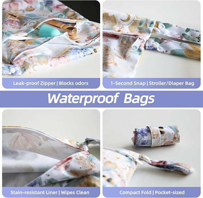 3 PCS Waterproof Wetbag, Wet Bags for Baby Cloth Diapers and Soiled Clothes, Reusable Wet Bag for Swimsuit and Towels with Double Zipper Pockets, Travel Beach Pool Essentials