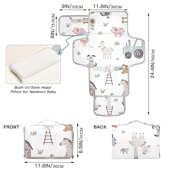 Farm House Animals Portable Diaper Changing Pad - Waterproof Foldable Baby Diaper Changing Pad with Built-in Pillow, Travel Diaper Changing Mat for Newborn Baby
