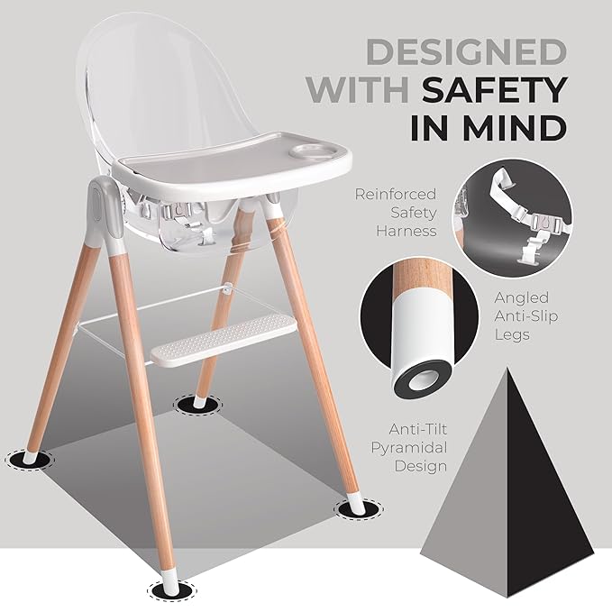 6 in 1 Deluxe Wooden High Chair for Babies & Toddlers, Modern Safe & Compact Baby Highchair, Easy to Clean & Assemble, Removable Tray, 6 Options 3 Seat Positions 2 Heights (Clear)