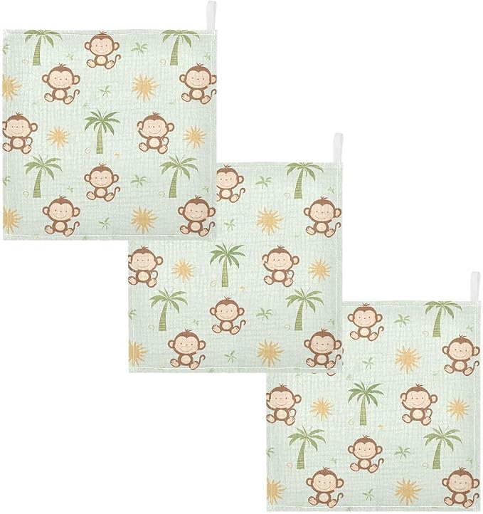 vvfelixl Cute Monkey Coconut Trees Baby Burp Cloths Baby Muslin Washcloths for Boys Girls Cotton Babys Face Towel for Newborn Infants Soft and Absorbent 11.8 X 11.8 in, 5 Pack