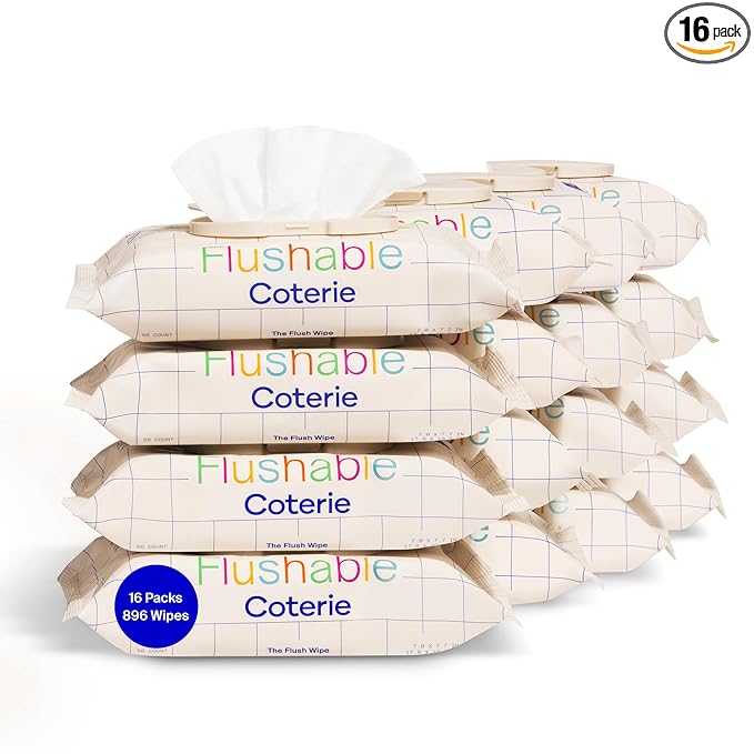 Coterie Flushable Wipes for Toddlers, Designed for Potty Training, Safe for Sensitive Skin, Hypoallergenic, 99% Water, Plant-Based, Fragrance Free, Sewer & Septic Safe, 16 Pack (448 Wipes)