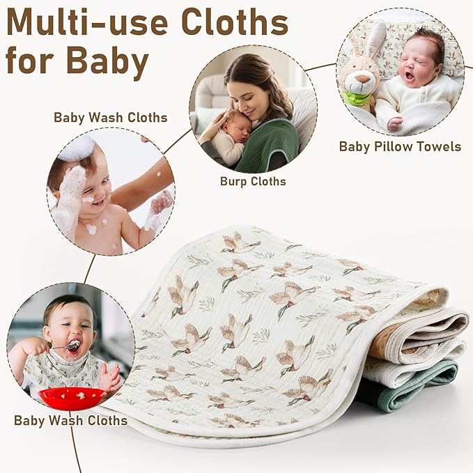 Hahafelt 4 Pcs Mallard Duck Baby Burp Cloths 100% Cotton Absorbent & Soft Burping Cloth Large 22'' x 10" Newborn Towel 2-in-1 Baby Spit up Burping Rags Set for Boys Girls Infant Newborn(Solid Color)