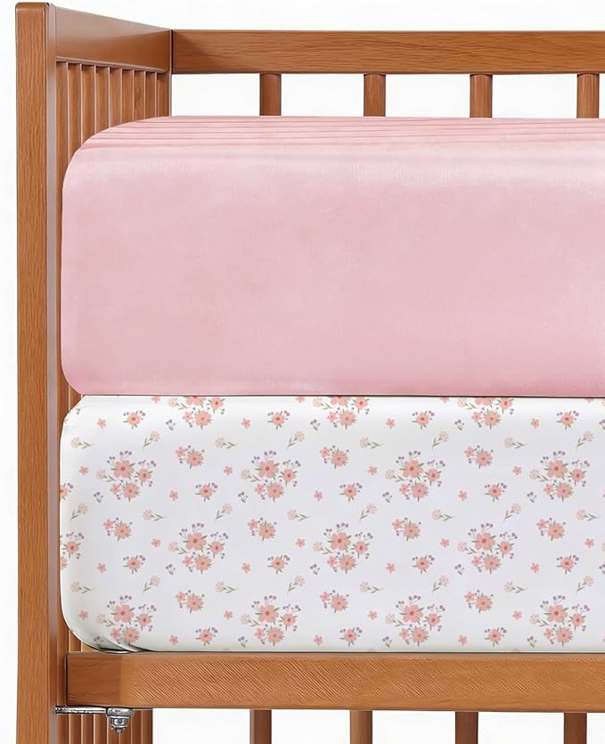 Baby Crib Sheets for Boys & Girls - Pack of 2 Fitted Microfiber Crib Sheets for Standard Crib & Toddler Mattress - Soft, Breathable and Wrinkle Free - Machine Washable - Oeko Tex - 52x28x8in - Floral
