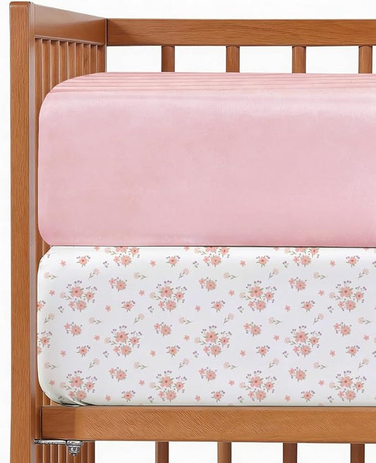Baby Crib Sheets for Boys & Girls - Pack of 2 Fitted Microfiber Crib Sheets for Standard Crib & Toddler Mattress - Soft, Breathable and Wrinkle Free - Machine Washable - Oeko Tex - 52x28x8in - Floral