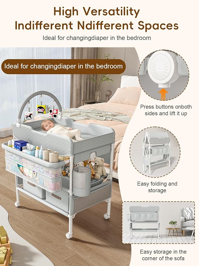 Baby Changing Table with Drawers, Waterproof Versatile Folding Diaper Changing Station with Storage, Adjustable Height, Portable Diaper Chang ing Station, Mobile Nursery for Infant and Newborn