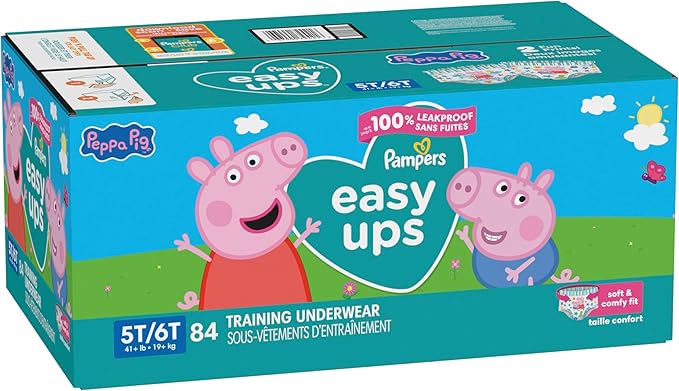 Easy Ups Girls & Boys Potty Training Pants, Size 5T-6T, 84 Count, Peppa Absorbent Training Underwear, Up to 100% Leakproof Day and Night, Hypoallergenic (Packaging May Vary)