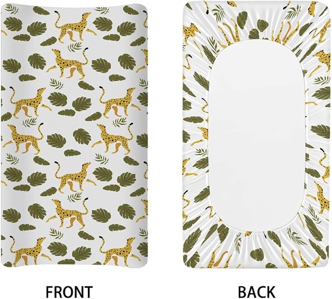 GOSTONG Leopard Leaves Print Baby Changing Pad Cover for Boys Girls Cozy Breathable & Washable Stretchy Fabric Diaper Table Cover Sheets, Fit 32x16 Inches Changing Mat