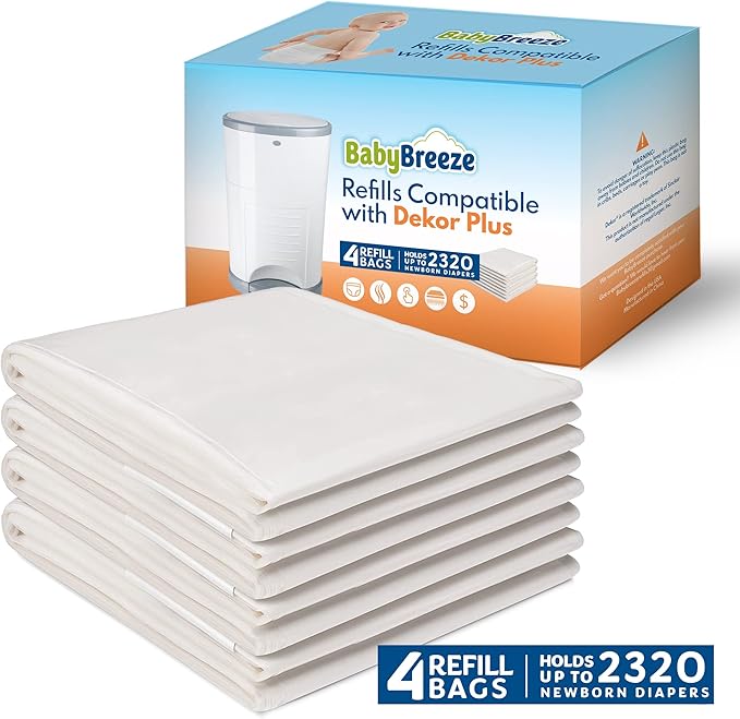 Diaper Pail Refills Compatible with Dekor PLUS Diaper Pail 4 Refill Bags Holds 2320 Diapers – Strong, Durable Baby Powder Scented Refills Bags
