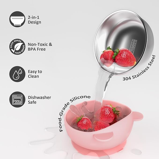 Bakpoco Stainless Steel Baby Bowls with Suction, 2-in-1 SUS304 Toddlers Bowl & Removable Silicone Suction Kids Bowl, Anti Scald Non Toxic Snack Container for Baby Food Feeding, 4 Colors Set